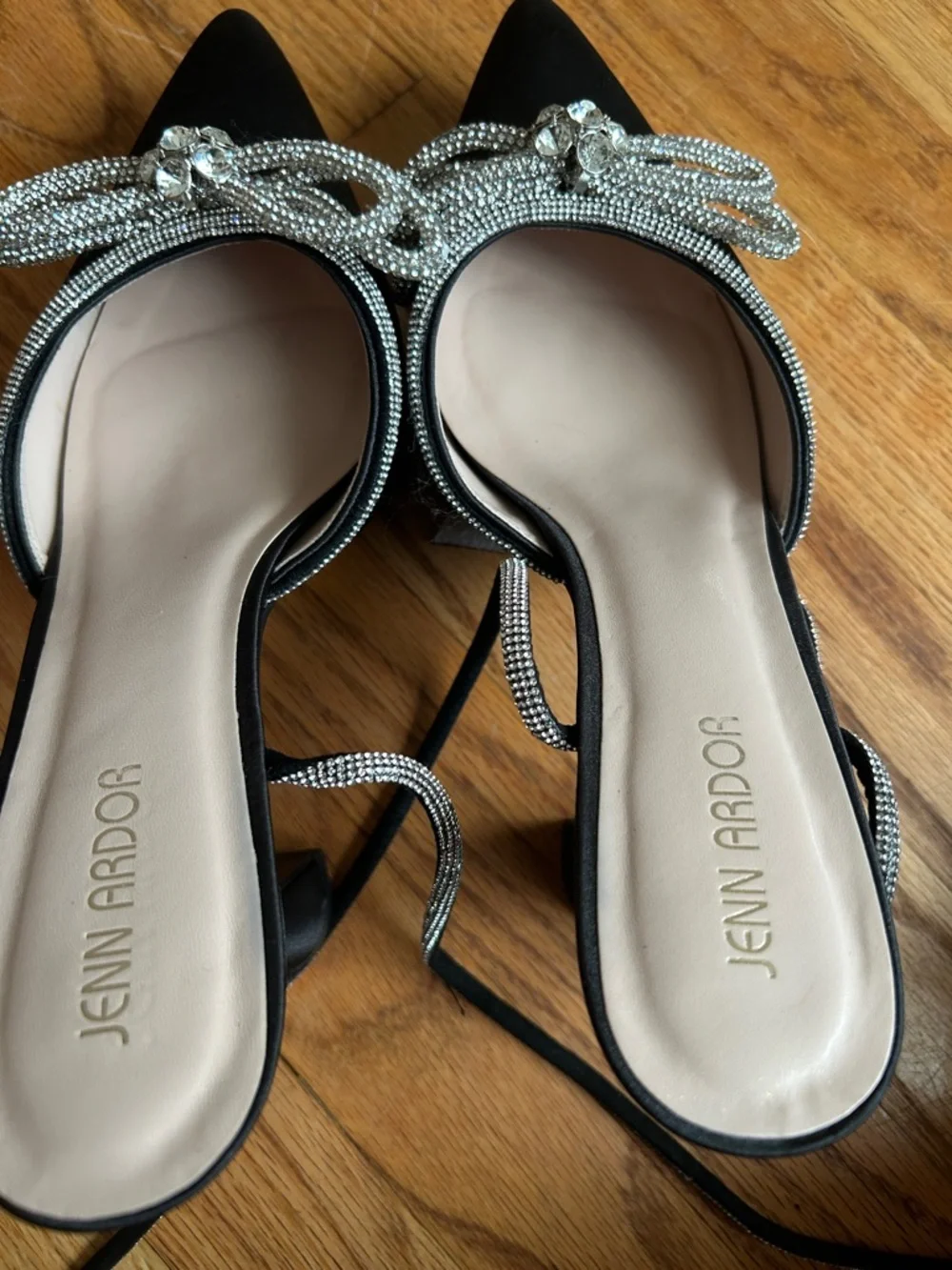 Jenn Ardor Black Satin Platform Heels with Crystal Trim Size 10M